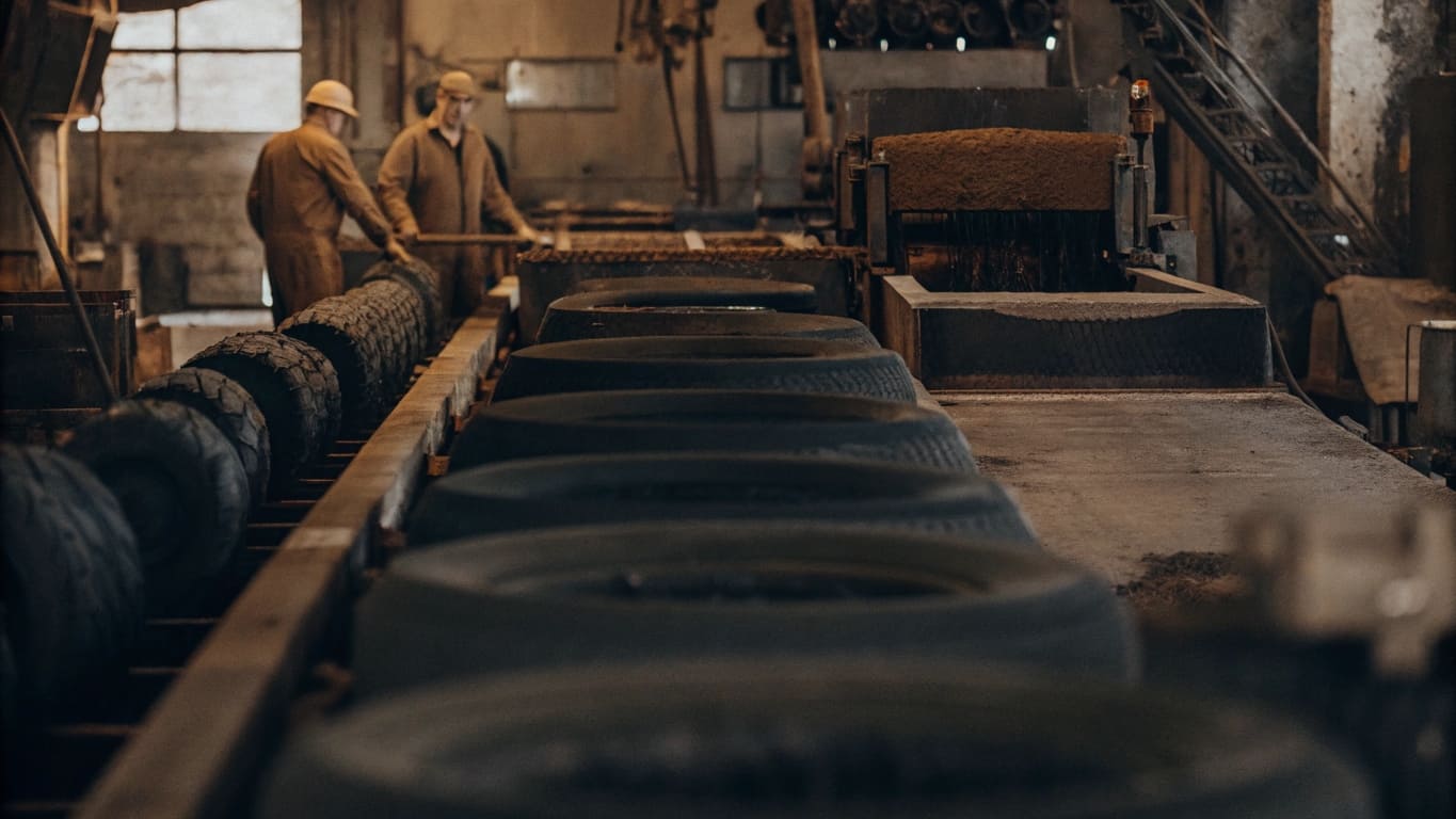 Workers in a rubber tire production facility