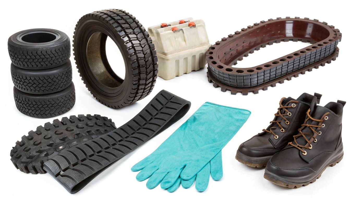 Various rubber products including tires, gloves, seals, boots, and tracks showcasing applications of rubber chemicals