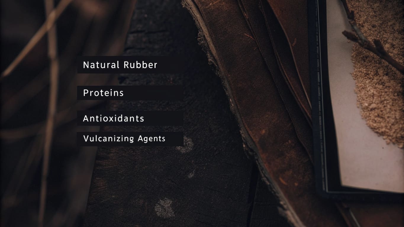 Close-up of rubber latex ingredients including natural rubber, proteins, antioxidants, and vulcanizing agents