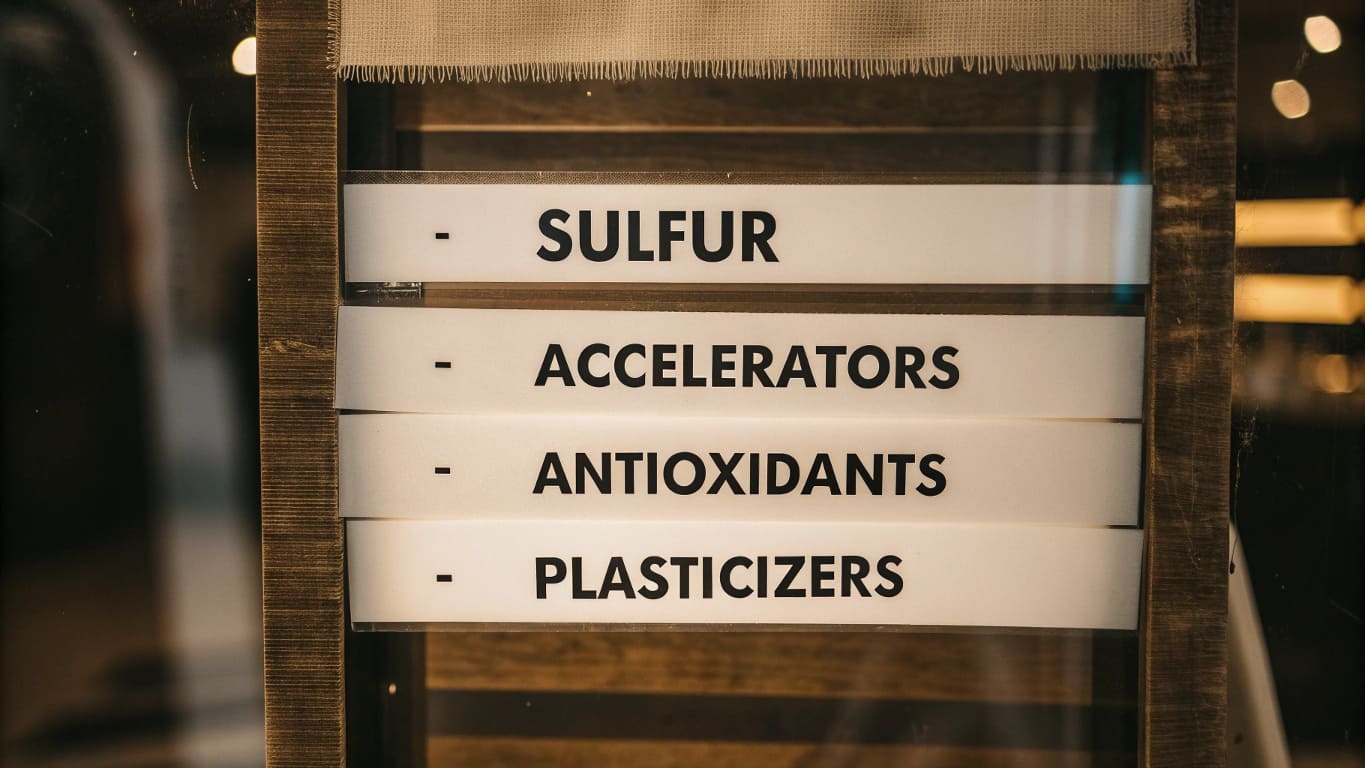 Various rubber products including tires, gloves, seals, boots, and tracks showcasing applications of rubber chemicals