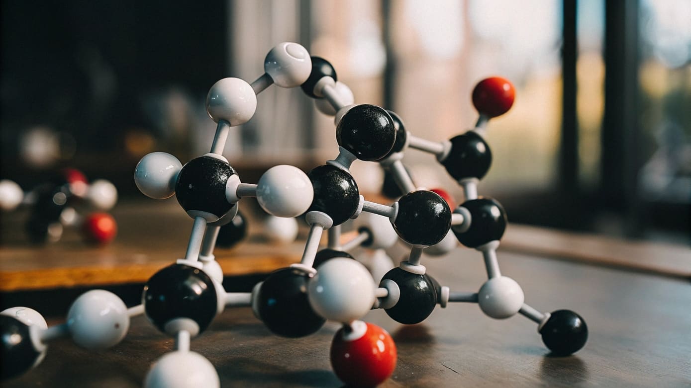 Close-up of molecular model made of black, white, and red spheres