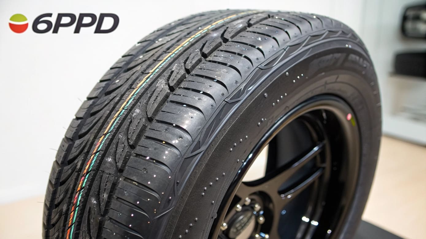 Close-up of tire with 6PPD chemical