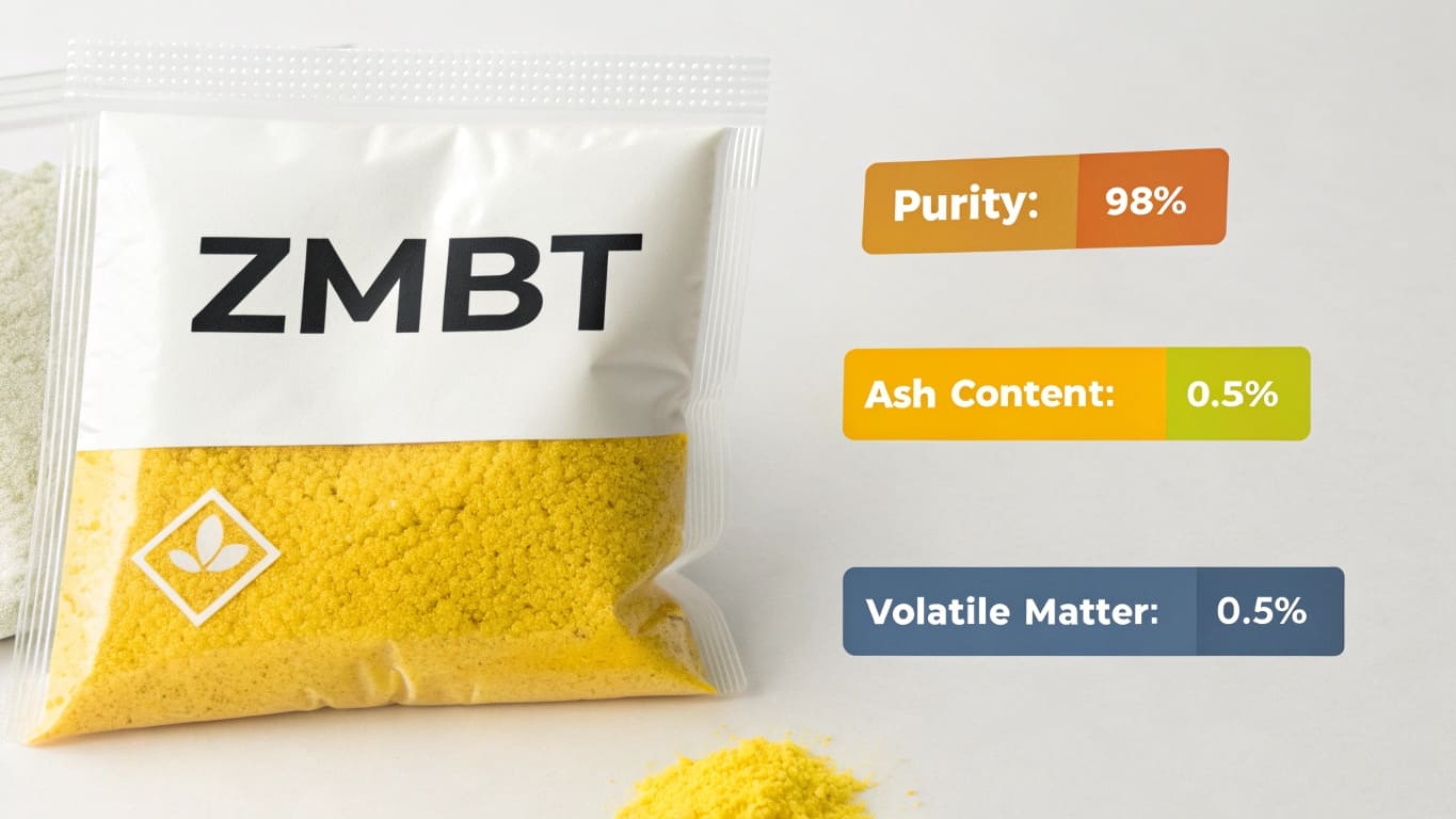 White bag of ZMBT yellow chemical granules with purity, ash content, and volatile matter specifications listed.