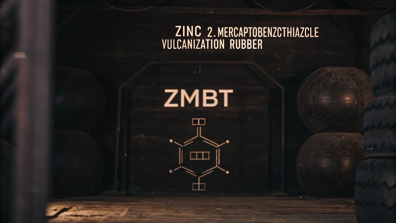 Sign showing Zinc 2-Mercaptobenzothiazole Vulcanization Rubber with ZMBT and chemical structure