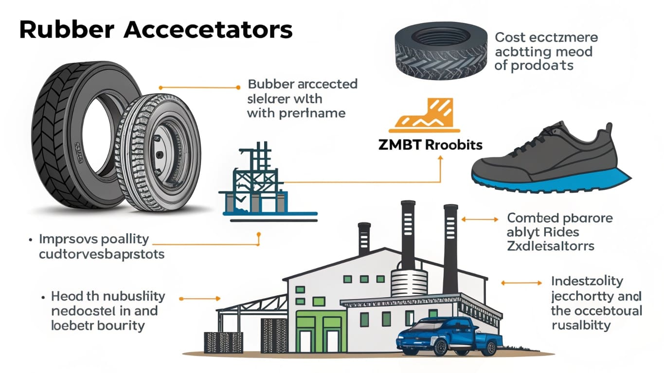 Infographic showing rubber accelerators applications including ZMBT in tires, factories, and footwear