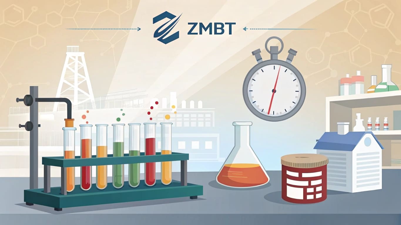 ZMBT logo with laboratory equipment including test tubes, flask, and stopwatch, symbolizing chemical research or processing.